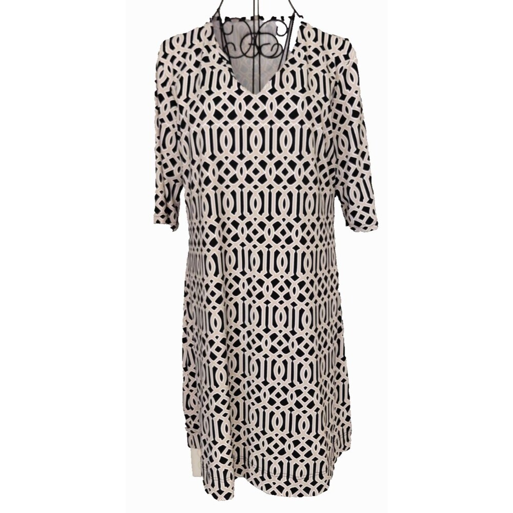Lulu-B Womens Dress Sz M Geometric Black & Beige Travel Stretchy